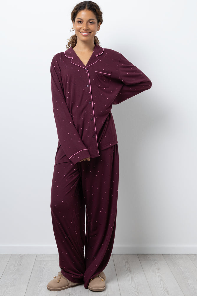 Button Through Knit Pyjama Set Burgundy