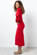 Rib Long Sleeve Johnny Collar Bodycon Dress Red (1)