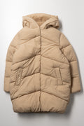 Crinkle Long Line Puffer Jacket Tan