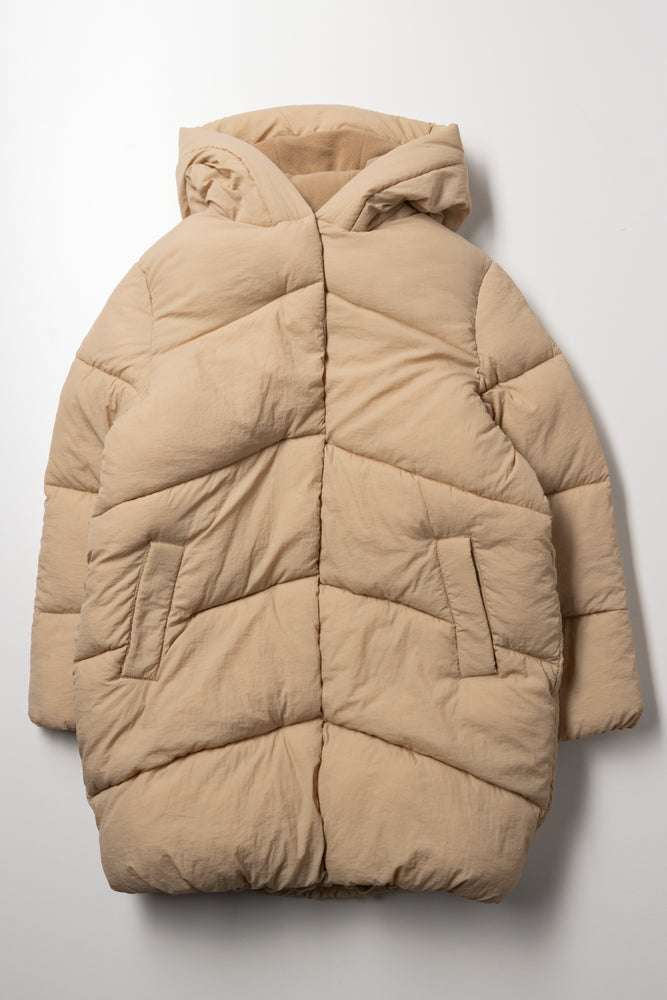 Crinkle Long Line Puffer Jacket Tan