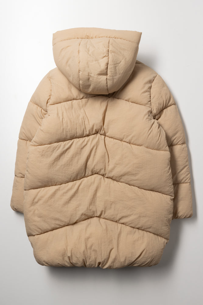 Crinkle Long Line Puffer Jacket Tan (2)