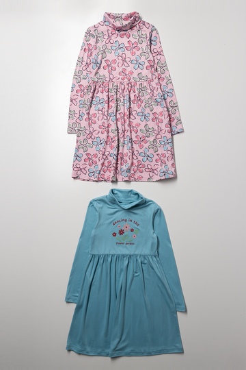 2 Pack Floral Poloneck Dresses Turquoise And Pink