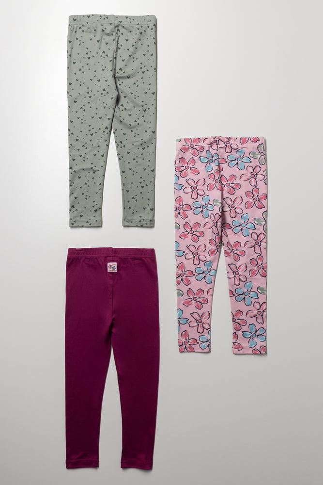 3 Pack Floral Leggings Pink And Light Grey (2)