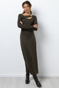 Column Dress With Gold Trim Dark Green