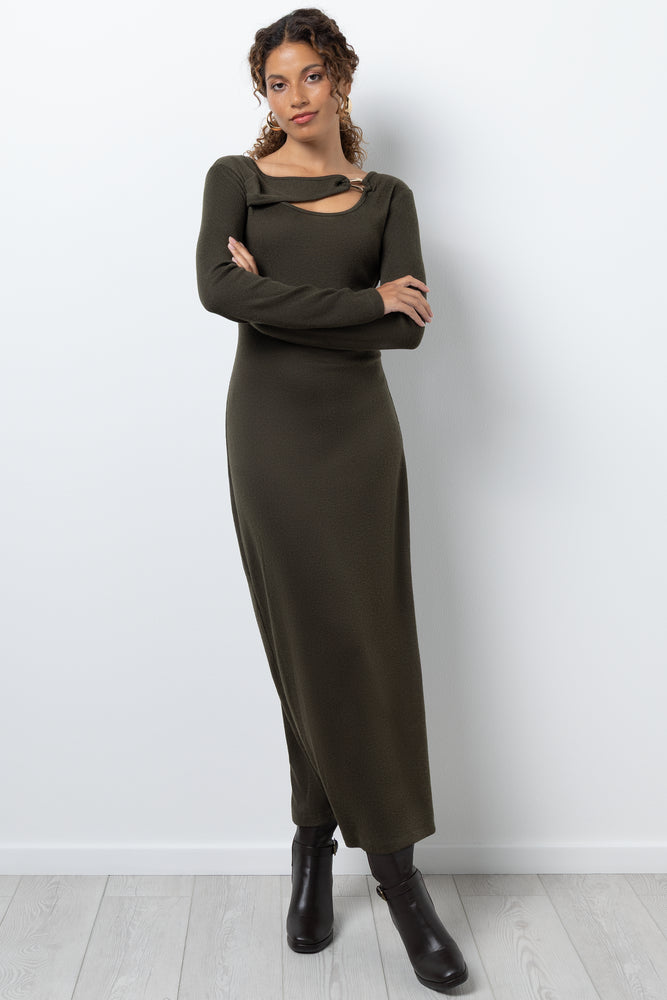 Column Dress With Gold Trim Dark Green
