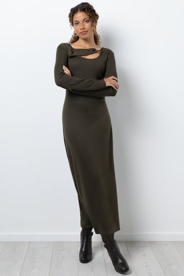 Column Dress With Gold Trim Dark Green