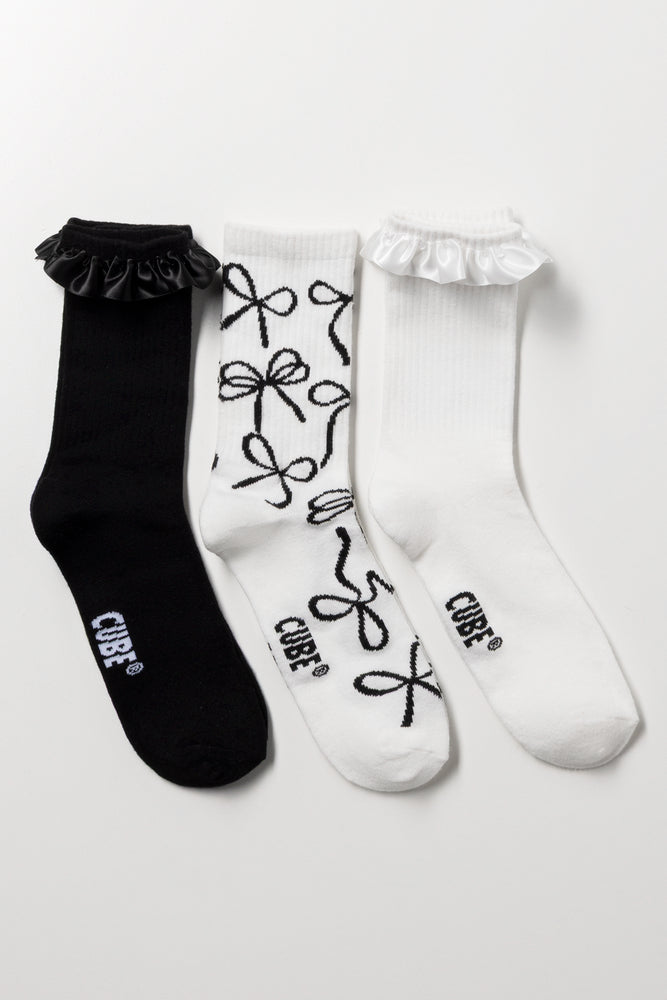 3 Pack Frill Socks Black And Cream