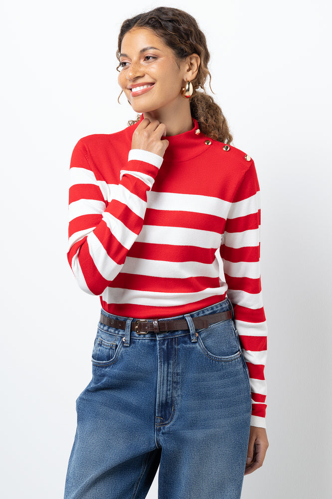 Stripe Long Sleeve Turtle Neck Top Red And White