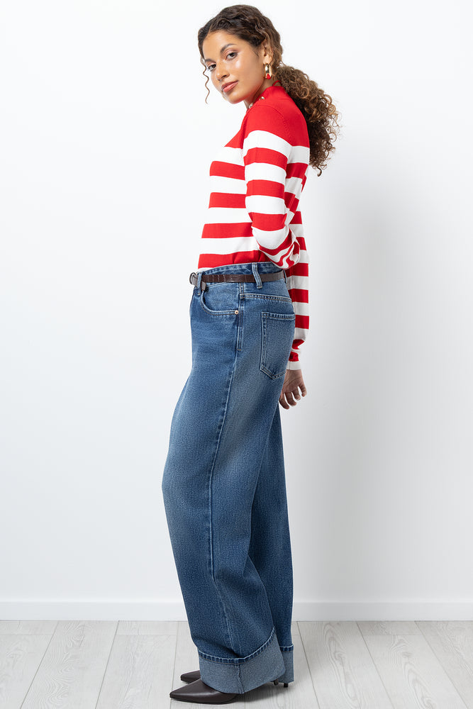 Stripe Long Sleeve Turtle Neck Top Red And White