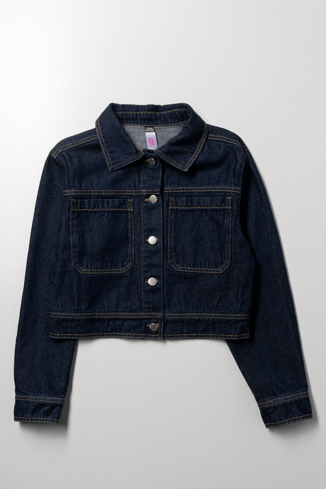 Cropped Denim Jacket Dark Blue