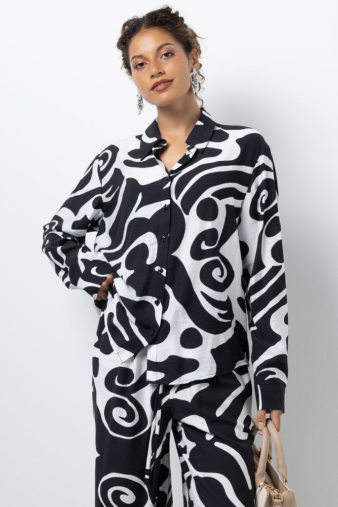 Long Sleeve Crinkle Shirt Black And White