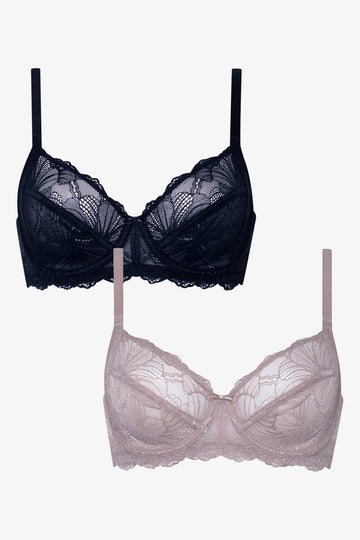 2 Pack Lace Non Padded Underwire Bra Natural And Navy