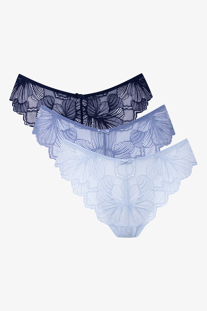 3 Pack Flower Lace Thongs Blue