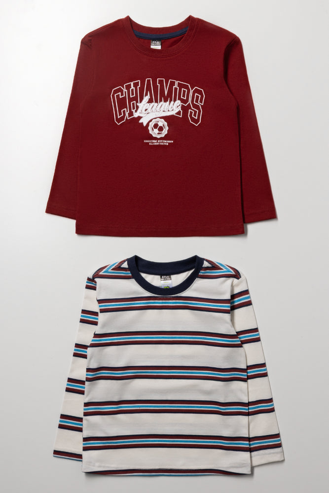 2 Pack Stripe Long Sleeve T-Shirts Burgundy