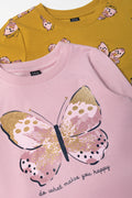 2 Pack Butterfly Long Sleeve T-Shirts Pink And Dark Yellow (1)