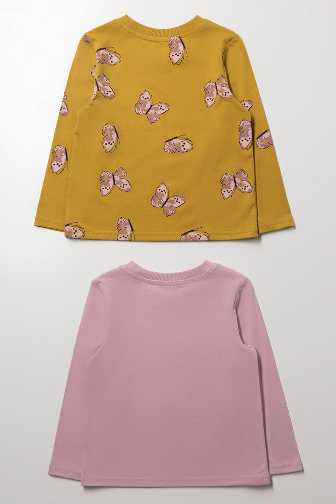 2 Pack Butterfly Long Sleeve T-Shirts Pink And Dark Yellow (2)