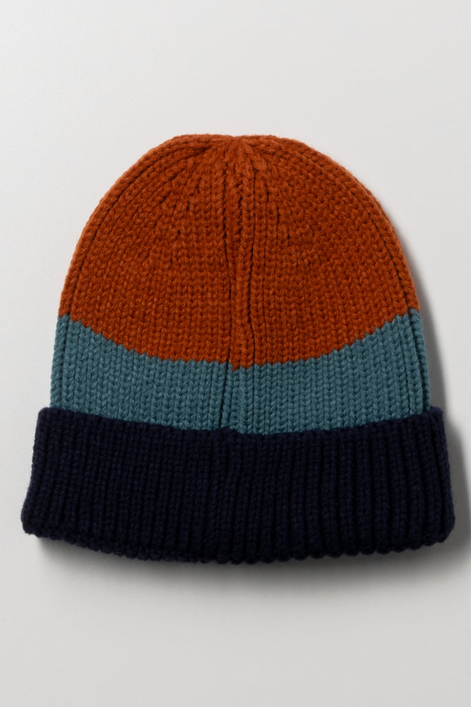 Stripe Rib Beanie Navy, Teal And Rust