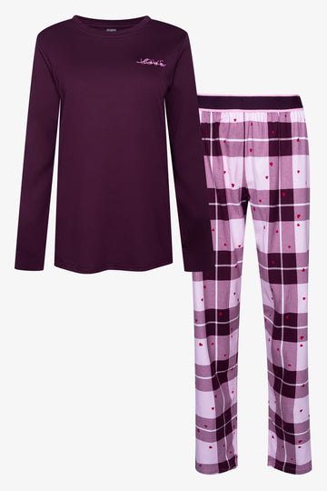 Love Heart Check Flannel Pyjamas Burgundy
