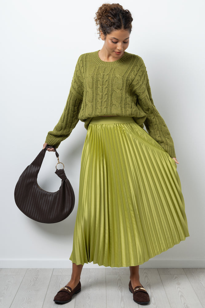 Satin Pleated Maxi Skirt Light Green