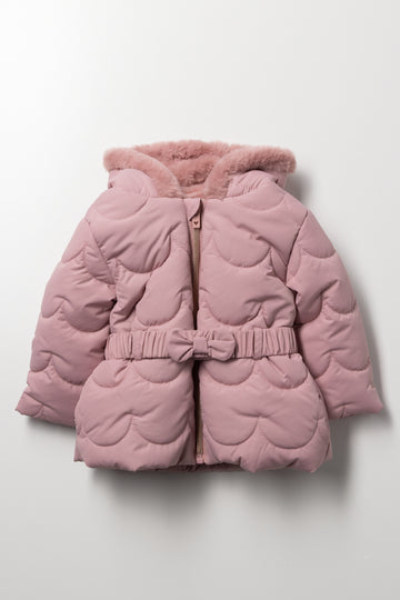 Hooded Parka Jacket With Bow Belt Pink
