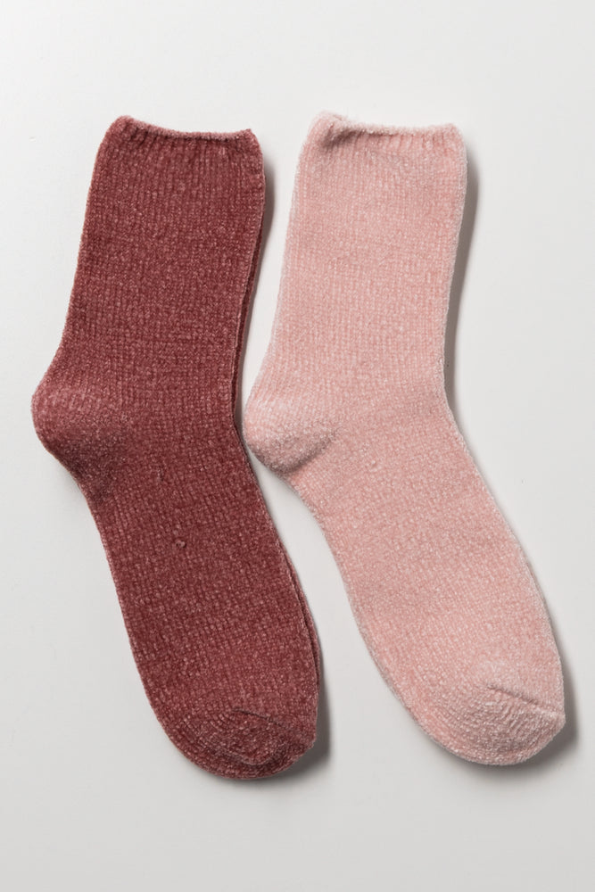 2 Pack Chenille Socks Pink And Burgundy