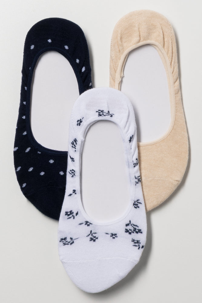 3 Pack Footliners Navy, White And Natural