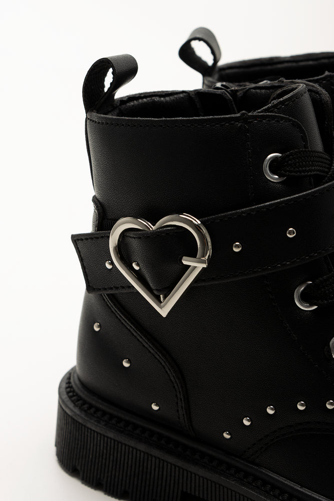 Heart Studded Lace Up Boots Black (3)