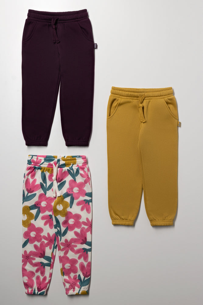 3 Pack Flower Trackpants Burgundy And Yellow