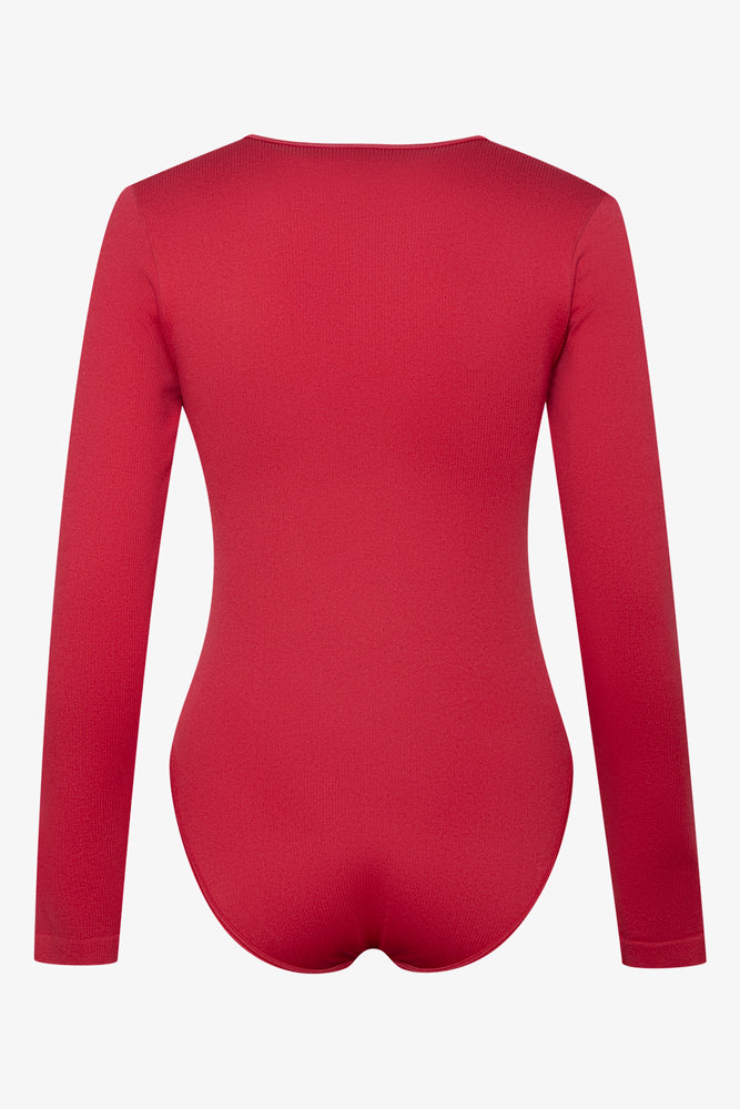 Rib Seamless Long Sleeve Bodysuit Red (1)