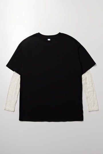 Oversized Lace Detail Top Black
