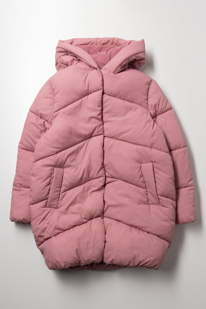 Crinkle Longline Puffer Jacket Pink