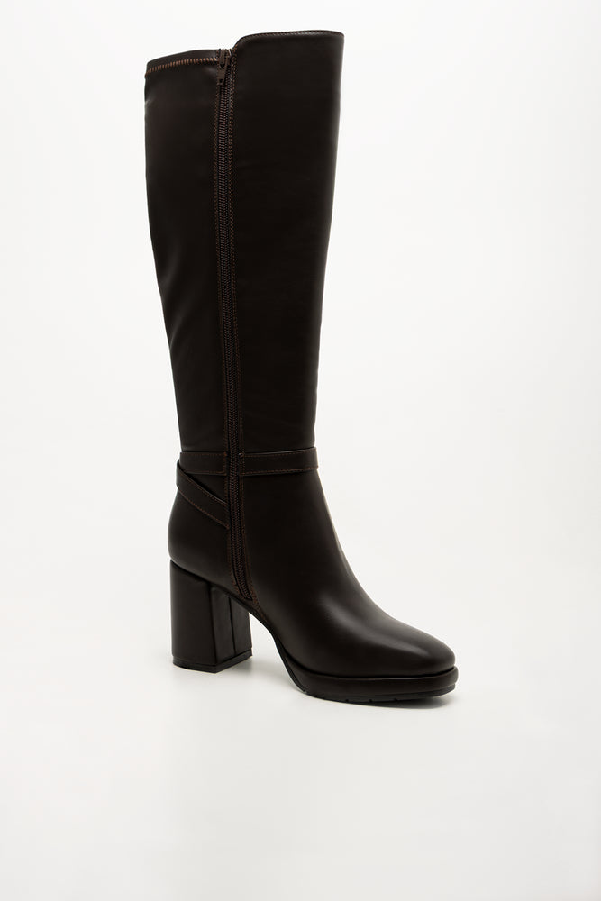 Block Heel Long Boots Brown
