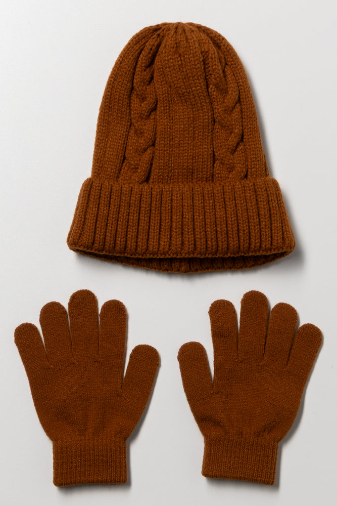 2 Piece Cable Hat Set Tobacco
