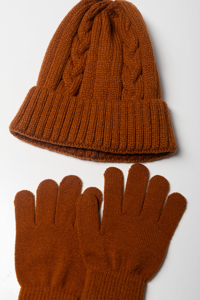2 Piece Cable Hat Set Tobacco