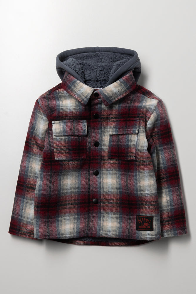 Check Melton Hooded Shacket Burgundy