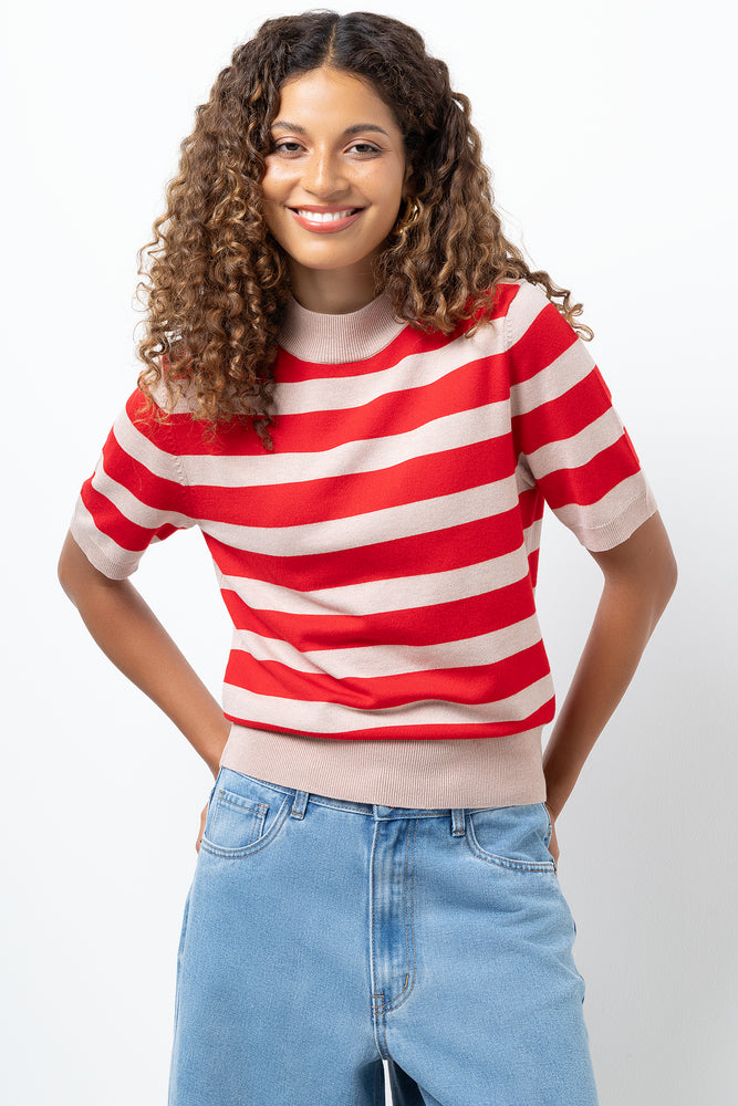 Stripe Turtleneck Ballerina Sleeve Jersey Natural And Red