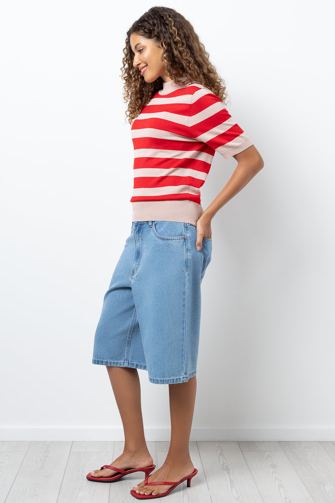 Stripe Turtleneck Ballerina Sleeve Jersey Natural And Red (1)