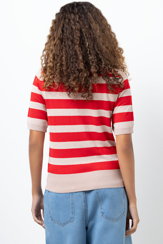 Stripe Turtleneck Ballerina Sleeve Jersey Natural And Red (2)
