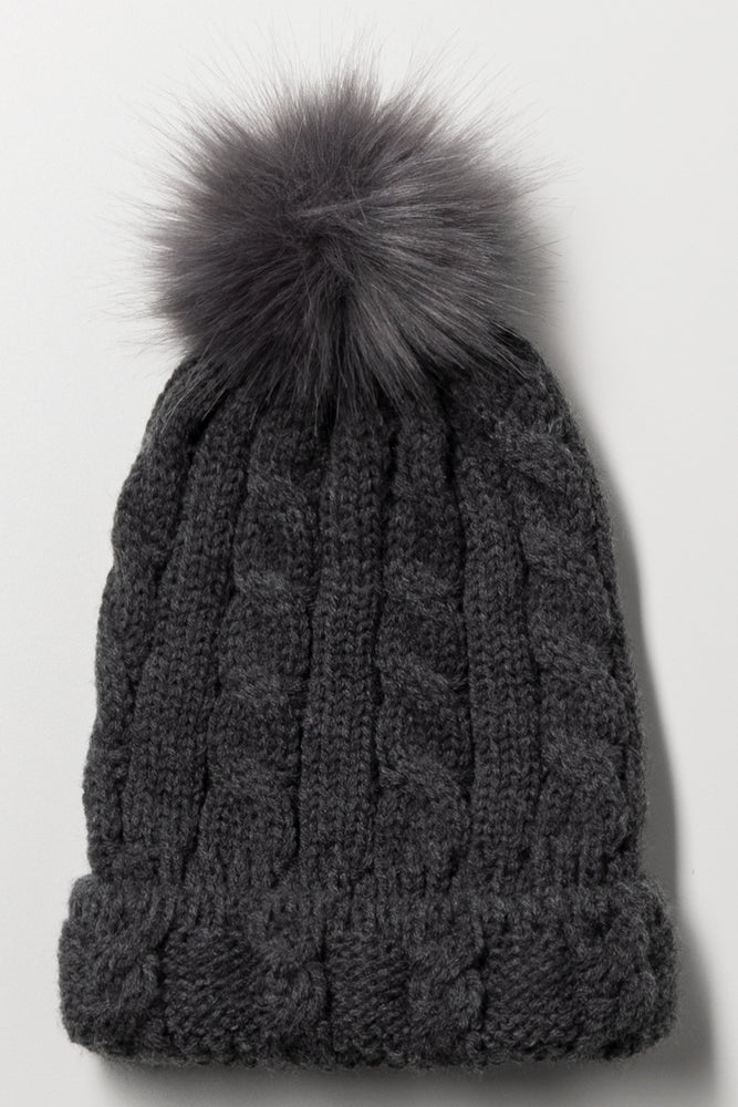 Fur Pom Pom Chunky Beanie Dark Grey