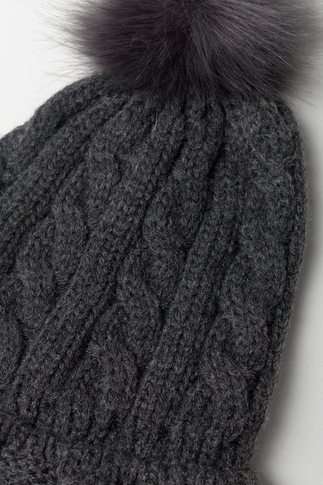 Fur Pom Pom Chunky Beanie Dark Grey (1)