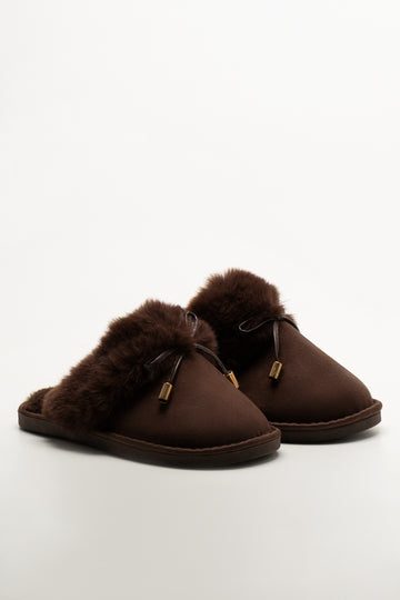 Bow Fur Slippers Brown