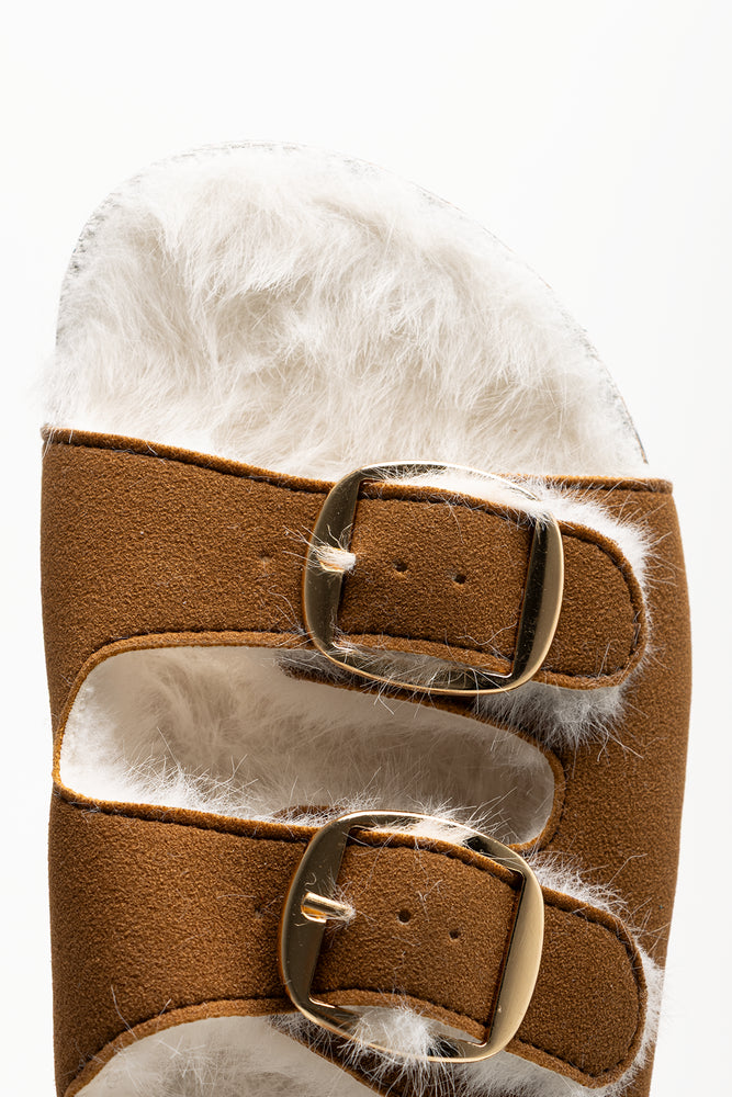 Fur Lined Double Buckle Sandals Tan (4)