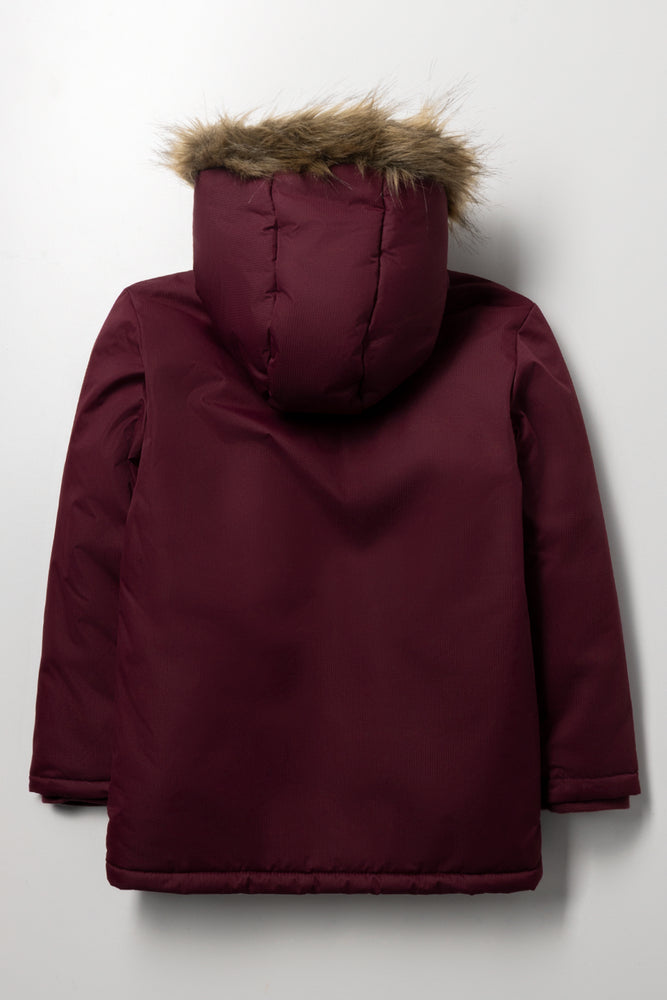 Hooded Textured Parka Jacket Burgundy (2)