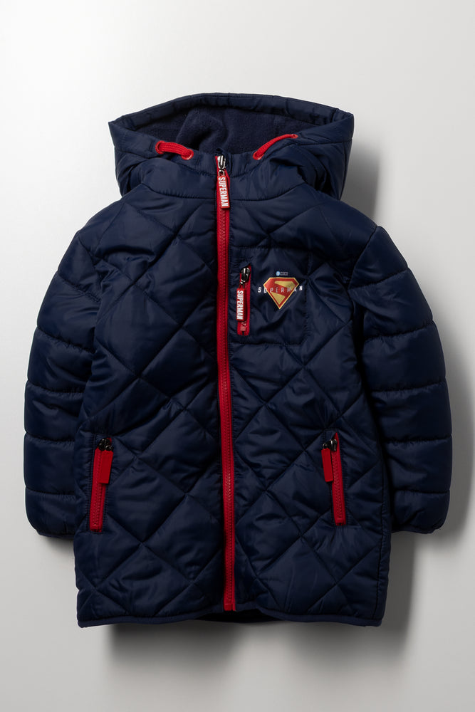 Superman Quilted Puffer Parka Jacket Navy