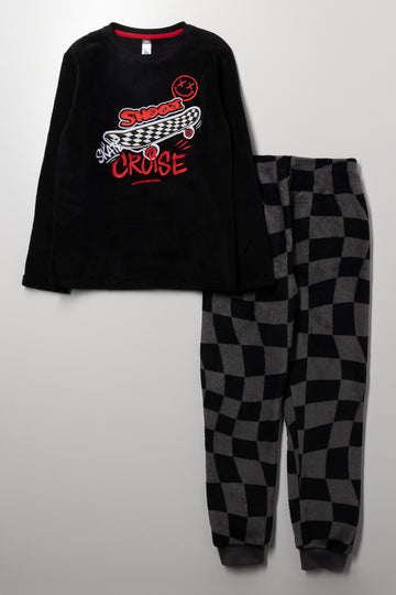 Skater Long Sleeve Fleece Pyjamas Black