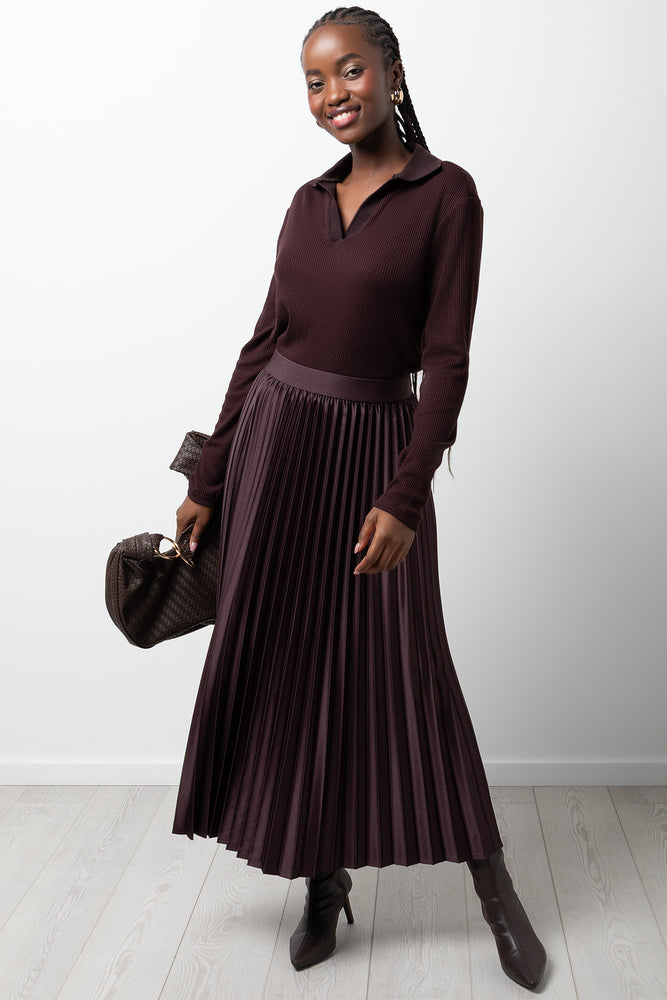 Satin Pleated Maxi Skirt Chocolate