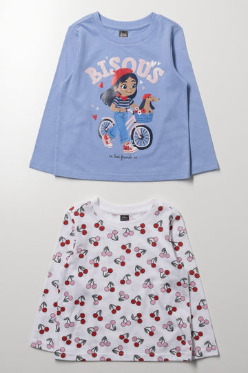 2 Pack Bicycle Girl Long Sleeve T-Shirts Light Blue And White
