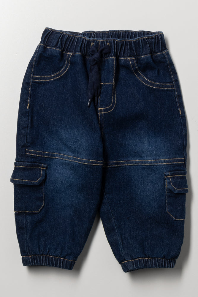 Elasticated Cargo Barrel Leg Denim Jeans Blue