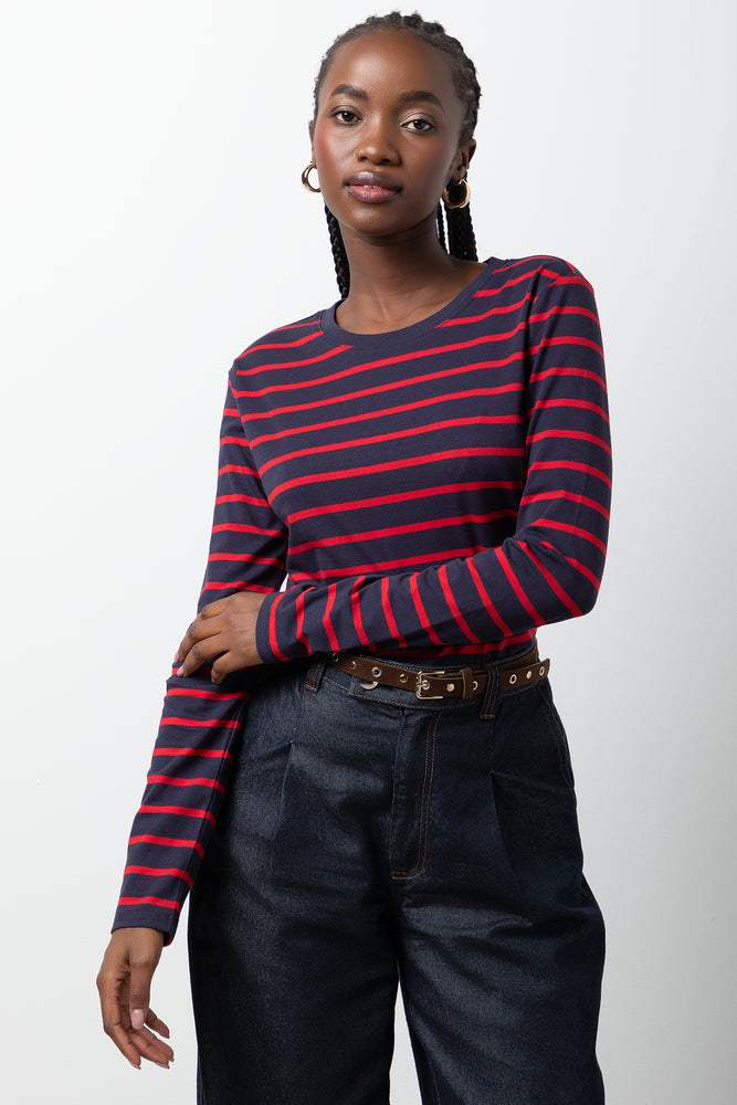 Stripe Long Sleeve Crew Neck T-Shirt Navy And Red | Tops & T