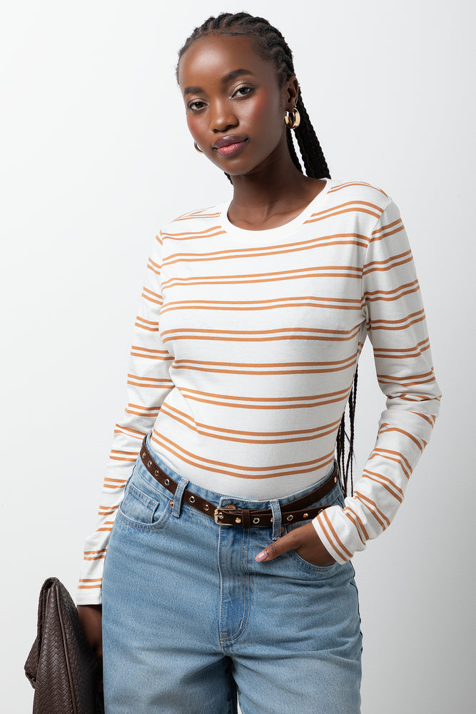 トップス momentel Go  Stripe Long Sleeve Stripe Long Sleeve T-Shirt White And Natural | Tops & T-Shirts